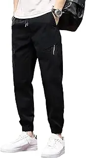 [Generic] Men's Elastic Waist Outdoor Pants Twill Casual Regular Fit Cargo Trousers Solid Drawstring Tapered Pants
