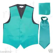 New Men's teal blue formal vest Tuxedo Waistcoat ascot & hankie set wedding