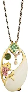 [KONGKNUANK] Necklaces For Women Jade pendant S925 Silver Gold-Plated Natural Hetian White Jade Koi Necklace Pendant for Women Yoga Genuine