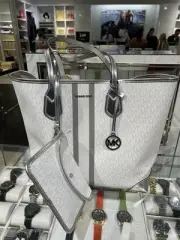 Michael Kors Eva Large Tote Shoulder Bag Handbag Purse MK Signature Optic White