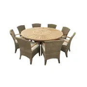 Solomon 1.8m Round Outdoor Teak Timber Table with Kai wicker Chairs + Lazy Susan - Outdoor Teak Dining Settings