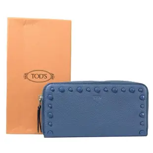 【TOD’S】TODS 經典LOGO豆豆飾邊小牛皮拉鍊零錢發財長夾(丹寧藍)