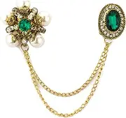 [Knighthood] Formal Gold Star With Emerald Stone Pearls And Hanging Tassel Chain Collar Pin Brooch, Suit Stud, Shirt Studs, Lapel Pin Accessories for Men Women, Metal, no gemstone