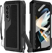 [YQODSZ] for Samsung Galaxy Z Fold 4 Metal Case with S Pen Holder, Military Rugged Heavy Duty Z Fold4 Case Built in Screen Protector Full-Body Drop Protection Kickstand Phone Case for Z Fold 4 - Black