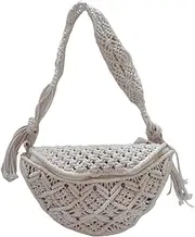 [Hemore] Crochet Beach Bag Boho Woven Cotton Rope Straw Crossbody Bag for Women Rustic Style Summer Gypsy Macrame with Tassels Zipper Closure for Party, Travel, Date (White), Crochet Beach, Straw