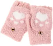 [AKOOSY] 1Pair Cute Cat Paw Half Finger Gloves for Women Warm Knitted Convertible Clamshell Mittens for Winter Indoor Outdoor Activities Friends