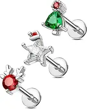 [OUFER] 3Pcs Helix Piercing Jewelry, Christmas 16G Helix Cartilage Earrings Studs Flat Back Internally Threaded Stainless Steel Helix Cartilage Conch Tragus Piercing Jewelry for Women Men-8MM