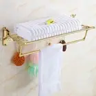 Luxury Gold Bathroom Towel Rack Bar Folding Shelf Toilet Double Shelves W/ Hook