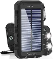 Solar Charger Solar Power Bank 20000mAh Waterproof Portable External Backup Outdoor Cell Phone Battery Charger with Dual LED Flashlights Solar Panel for iPhone Android Cellphones（Black