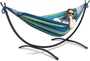 SUNCREAT Portable Outdoor Hammock with Stand, Double Hammock with Stand for Outside, Blue & Green Stripes
