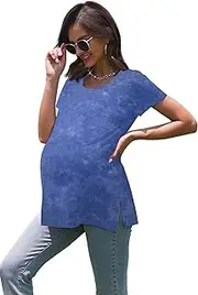 [WOOXIO] Women's Maternity Shirts Short Sleeve Split Hem Pregnancy Tops Clothes