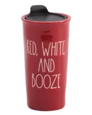 Rae Dunn RED WHITE & BOOZE Ceramic Travel Mug With Lid New