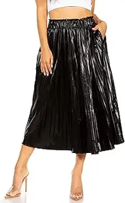 [Simlu] Pleated Midi Skirts for Women with Pockets, Elastic High Waisted Skirt Reg & Plus Size Womens Summer Skirts Trendy 2023