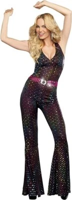 XS Ladies 60s 70s Costume Retro Hippy Hippie Groovy Diva Disco Jumpsuit Cosplay