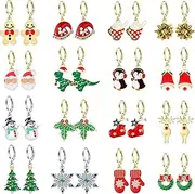 [Jannisa] 16 Pairs Hypoallergenic Christmas Hoop Earrings Set for Girls & Women - Dangle Hoop Earrings with Rhinestones - Christmas Tree, Snowflake, Santa Claus & More - Zinc Alloy - 32 Count