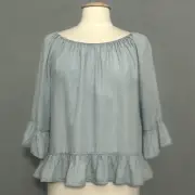 Sanctuary Womens Top L Sun Bleach Chambray Blue Ruffle Hem Boho Peasant Fairy
