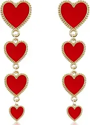 [JNONL] Exaggerated Minimalist Long Vintage Love Heart Stud Earrings Exquisite Retro Red Heart Multi-Layer Alloy Enamel Dangle Drop Earrings Valentine's Day Gift Jewelry for Woman Girls