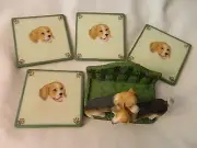 NEW CUTE RESIN SET OF FOUR BEAGLE DOG COASTERS WITH HOLDER - SWEET