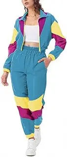 [Bealin] Women's Color Block 2 Piece 80s 90s Windbreaker Outfits Long Sleeve Zip Front Crop Top Tracksuit Set