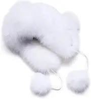 [Weriirew] Women's Winter Faux Fur Hat, Furry Warmer Trapper Hat Earflap Cap Skiing Hat RussianHat Trooper Ski Hats with Pom Pom, White