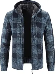 [DGHM-JLMY] Mens Slim Fit Hooded Plaid Sweater Cardigan Fleece Lined Long Sleeve Knitted Coat Knitt Zip Up Cardigan Hoodie