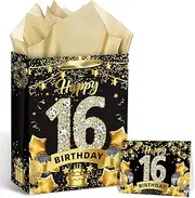 Black Gold 16th Birthday Gift Bag, Gold 16th Birthday Gift Wrapping Paper Bag with Tissue and Card Candy Wrapping Bags for Men Women 16 Year Old Party Supplies