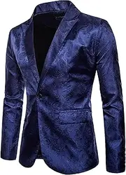 [Aosufei] Men's Blazer Stylish Print Floral Suit Jacket Lightweight Wedding Tuxedo Jacket Lapel One Button Suit Coat, Dark Blue2, Medium