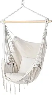 Groverdi Hammock Chair Hanging Rope Swing, Max 120KG, 2 Seat Cushions Included, Hanging Chair Side Pocket Portable Hardwood Spreader Bar Hardware Kit-for Indoor or Outdoor, Cream