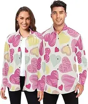 [GuoChe] Valentine's Day Cute Hearts and Arrows Pink Mens Long Sleeve Button Up for Women Hawaiian with Pockets X-Small