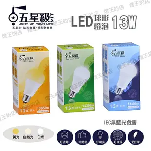 可超取【燈王的店】五星級 LED 13W 球形燈泡 白光/自然光/黃光 LED-E27-13W-GS