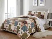 Beige Green Blue Floral Patchwork 3 pc Quilt Set Full Queen Cal King Bedspread