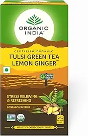 Organic India Tulsi Green Tea, Lemon Ginger, 25 Tea Bags - Pack of 2 - Made in India