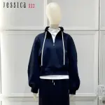 【JESSICA RED】休閒百搭拉鏈抽繩套頭棉T R35601（黑）