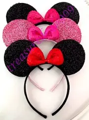 3 Pcs MICKEY MINNIE MOUSE EARS HEADBANDS BLACK PLUSH PINK RED FUCHSIA SEQUIN BOW