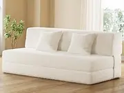 [IULULU] Folding Sofa Bed, Convertible Sleeper Boucle Floor Couch with 2 Pillows, Foldable Foam Mattress for Living Room/Dorm/Guest Room/Apartment/Small Space, Queen