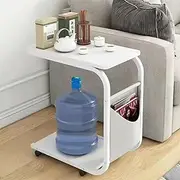 End Table with Brake Casters, Mobile Sofa Table Side Table with 2 Tier Storage Shelves, Laptop Stand C-Shaped Little Coffee Table On Wheels, Includes Side Organizer 38 * 48 * 68CM (Color : White)