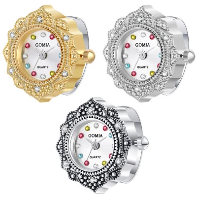 Womens Ladies Retro Gothic Bling Rhinestone Dial Quartz Finger Ring Watch Gift