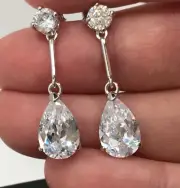 Pear sparkly drop earrings solid Sterling Silver, CZ Lab created. 31mm. Gift box