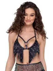 Roma Festival Rave Sequin Fishnet Triangle Tie Top Black