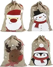 Christmas 35x50cm Medium Sacks. Pack of 4 Drawstring Goody Gift Bags for Christmas Treats 4 Designs Santa Snowman Reindeer Penguin