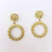 Raw Texture Gold Tone Color Round Shape Hoop Drop Dangle Post Stud Earrings