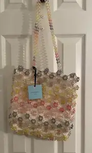 Cynthia Rowley Fun Flower Design Beaded Kandi Clear Over Lt Canvas Bag NWT