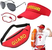 4Pcs Life Guard Costume Accessories Set Fancy Dress Kit Lifeguard Cosplay Outfit Costume with Hat, Fanny Pack, Sunglasses, Whistle for Adults Teenager Halloween Dress up Party