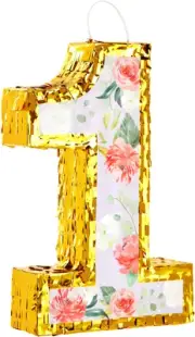 BLUE PANDA - Small Floral Number 1 Pinata with Gold Foil + Pull Strings for 1st