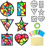 Qyeahkj 36 Set Geometric Shapes Tissue Paper Crafts DIY Star Window Suncatcher Craft Kit Triangle Heart Hanging Decor for Summer School Home Activity Art Project Birthday Party Favor Gift