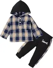 [Bekarsy] Toddler Boy Fall Outfits Baby Winter Clothes Lattice Button Down Long Sleeve Hoodied Tops Pants Set 12 Months-4T