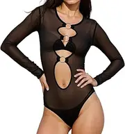 [Ypser] Women's Sheer Mesh Top Long Sleeve Bodysuit Sexy See Through Mesh Bodysuit Perfect For Party Club Casual Wear