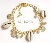 Shell Sea Life Anklet 9-11" Pearl Crystal Shells Cowrie Island Beach Adjustable