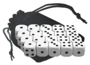 Lot (20) 16mm 5/8" D6 White Dice Black Pips Dots + Black Velvet Storage Pouch