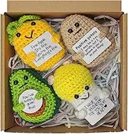 SZMDLX Positive Crochet Potato Mushroom Avocado Pineapple, 4PCS Emotional Inspirational Support Cute Stuff, Home Decoration, Funny Handmade Crochet with Positive Card, Encouragement Gifts for Friends